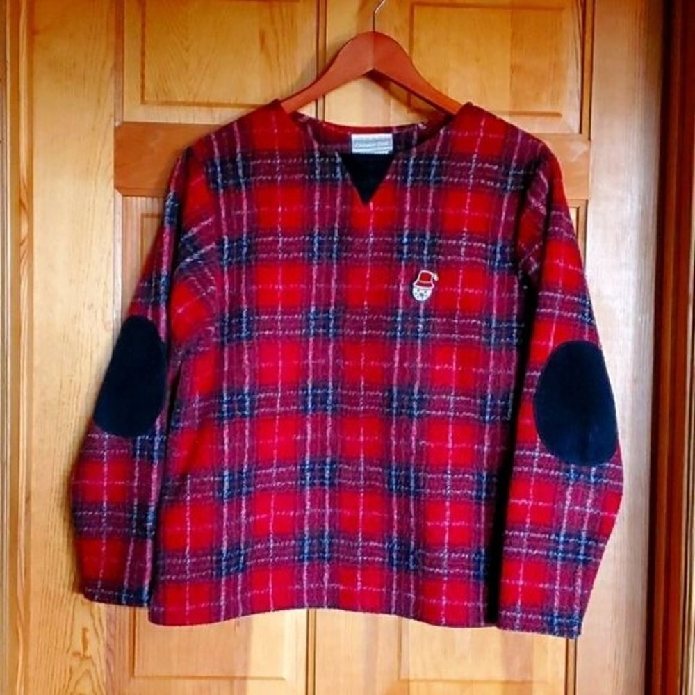 Coldwater Creek Sz. M Red Plaid Heavy w/ elbow patches‎ Pullover Sweater